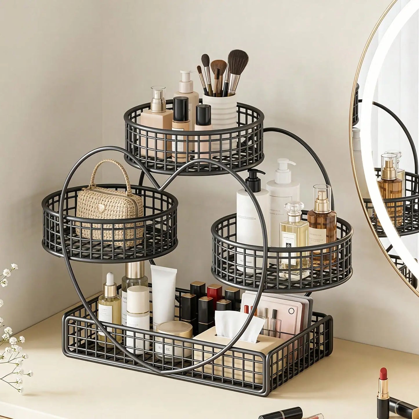 3 Tier Heart Shape Metal Makeup Organizer, Sturdy Vanity Storage Rack for Cosmetics Skincare, Countertop Display Stand for Bathroom Dresser