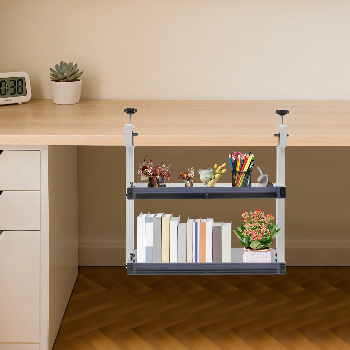 2-Tier Clip-on Desk Shelf Adjustable Storage Tray Space-saving Table Holder for Offices, Bedrooms, Living Rooms Black/White