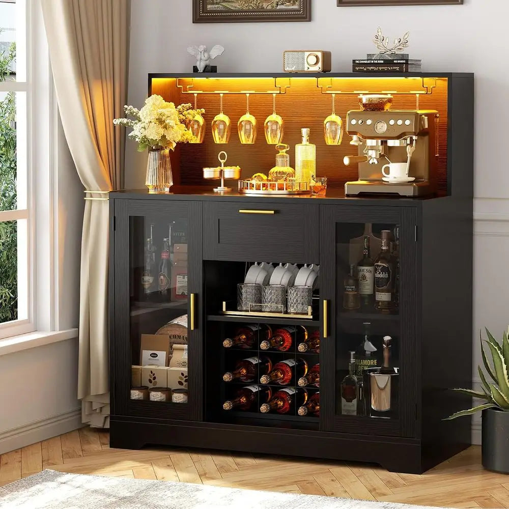 Wine Bar Cabinet with LED Light, Liquor Cabinet with Wine Rack and Glass Holder, Coee Bar Cabiwith Der, Buet Sideboard Table wit