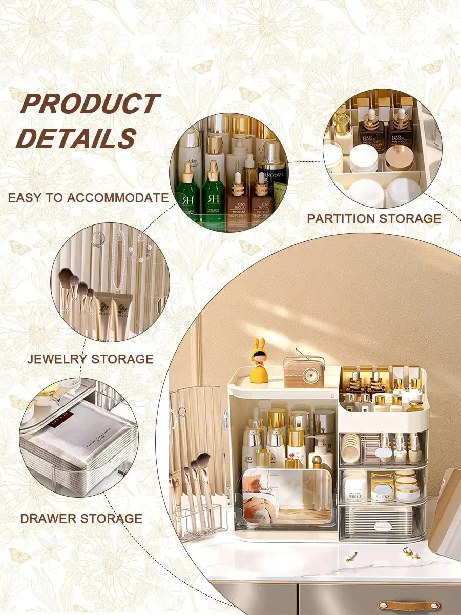 Makeup Organizer with Mirror & Drawers, Large Capacity Cosmetic Storage Box, Semi-Open Vanity Case for Skincare, Bathroom Dressing Table, Office Desk