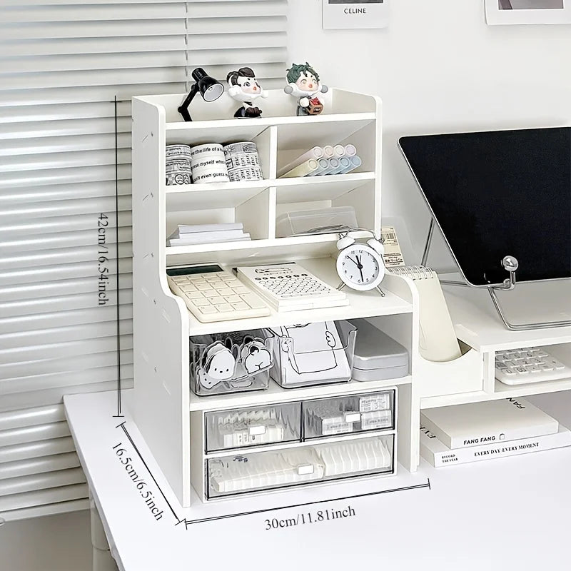 Two Tier Desk Organizer With Drawer And Tilt Pen Holder