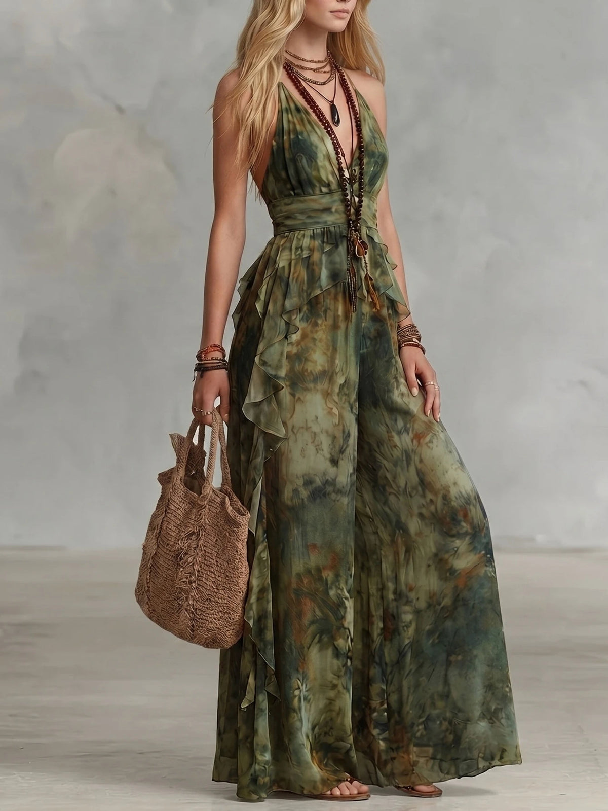 Women Spaghetti Strap Maxi Dress Deep V Neck Ruffle Trim Waist Tie Up Bohemian Style Sleeveless Long Dress Vacation Daily Party Outfit For Women