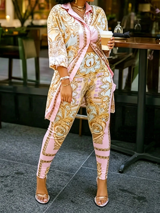 Women's Ornate Print Long Sleeve Shirt And Pants Matching Set
