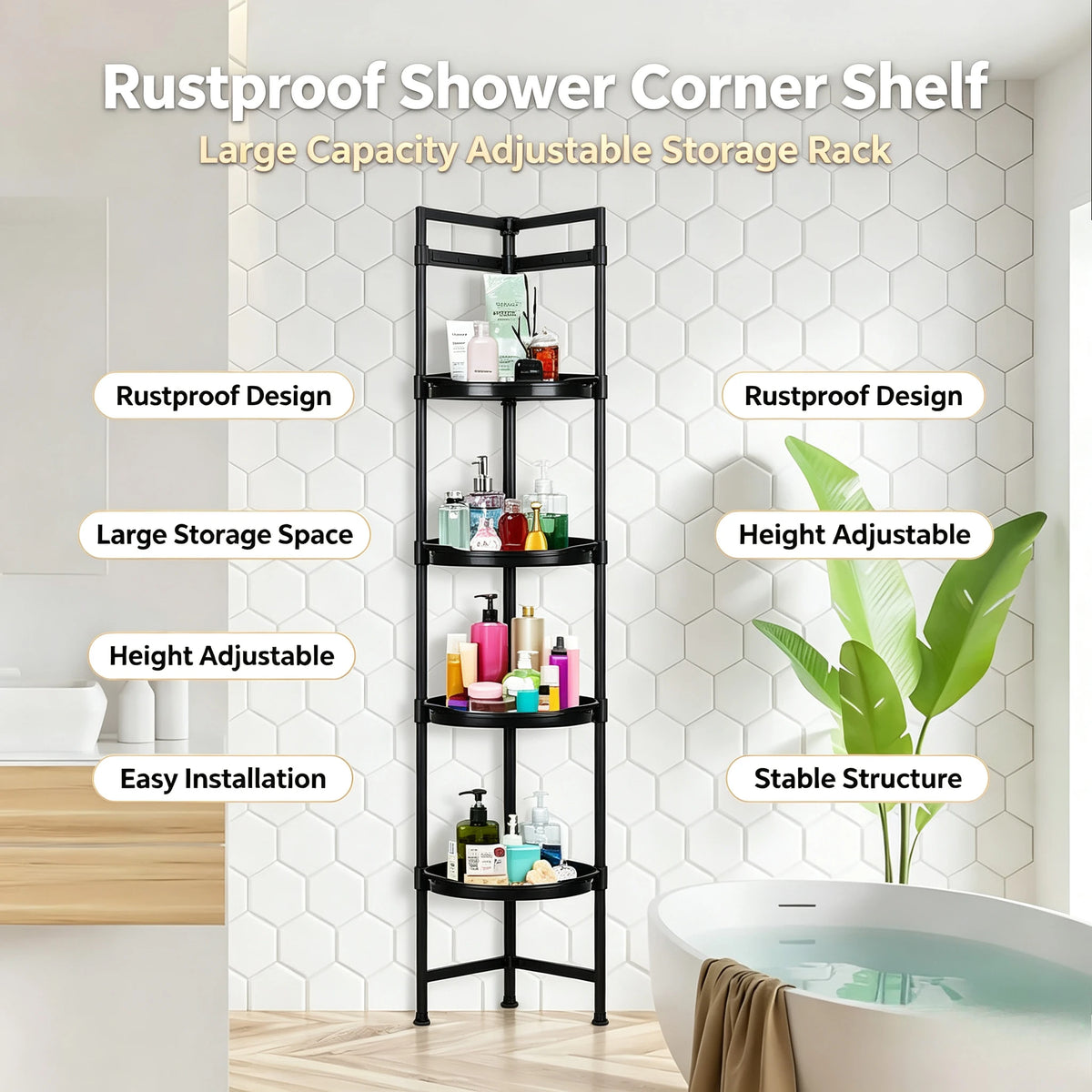 Four Tier Corner Shower Caddy Tension Pole Rustproof Organizer