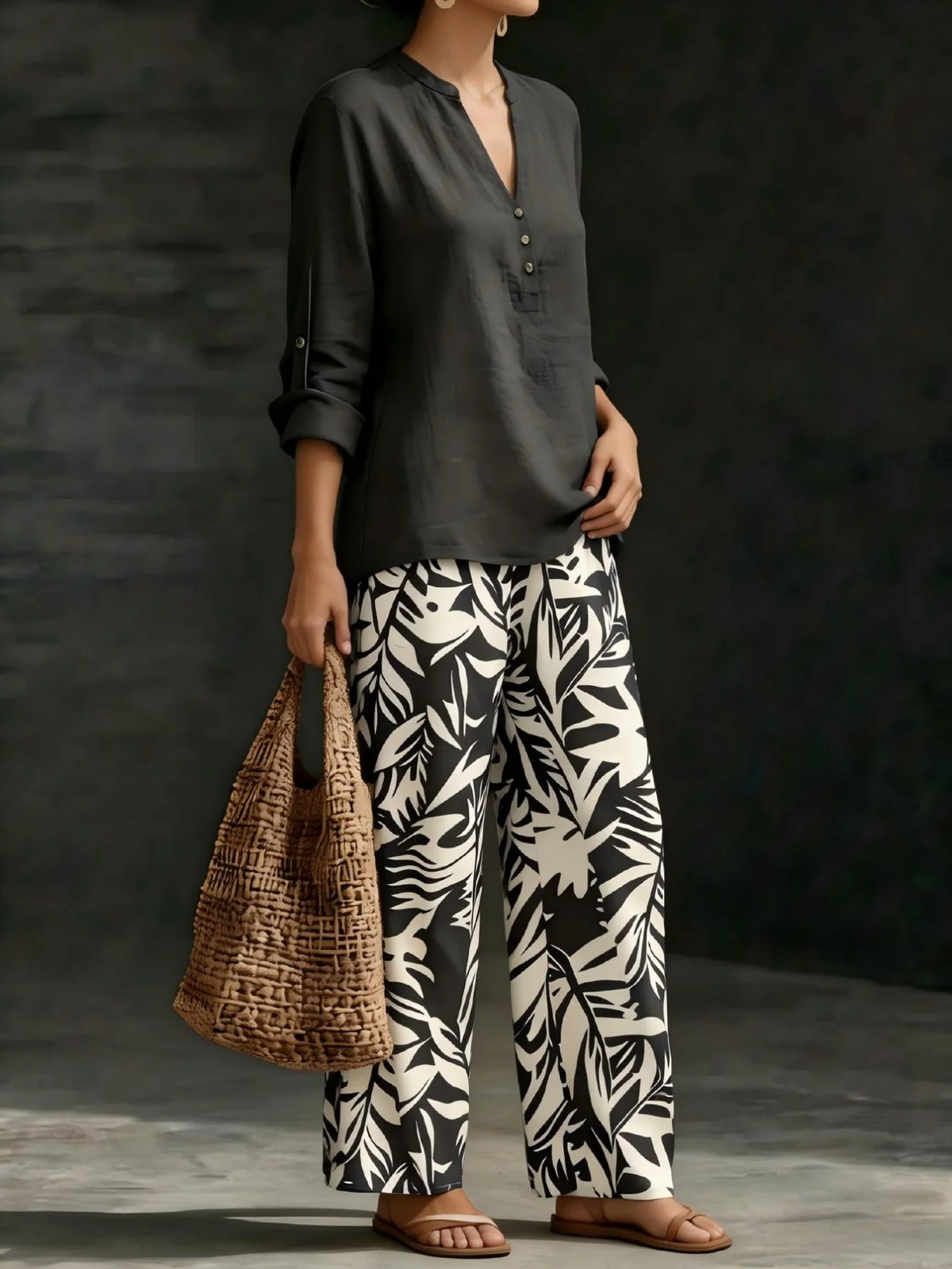 Women's Leaf Print Blouse and Wide Leg Pants Outfit Set