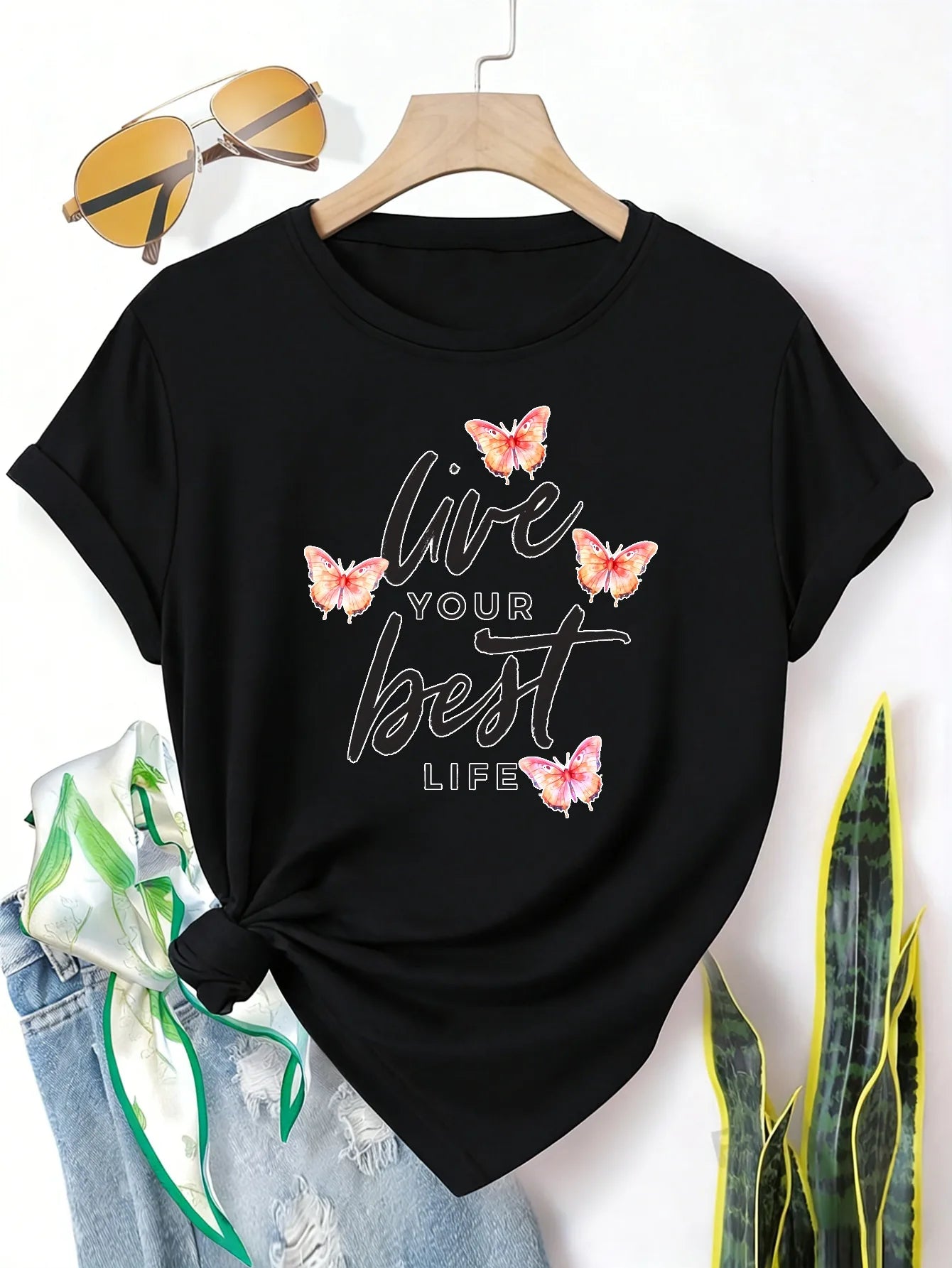 Plus Size Womens Short Sleeve T Shirt Butterflies Print