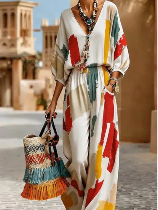 Women's Ethnic Print V Neck Suit With Wide Leg Pants