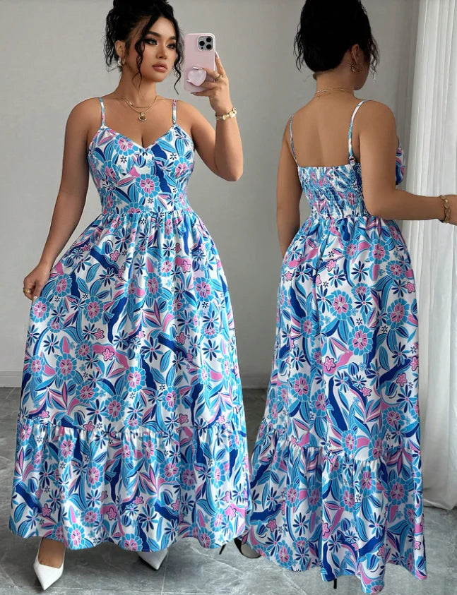 Plus Size Blue White Floral Camisole Dress By None