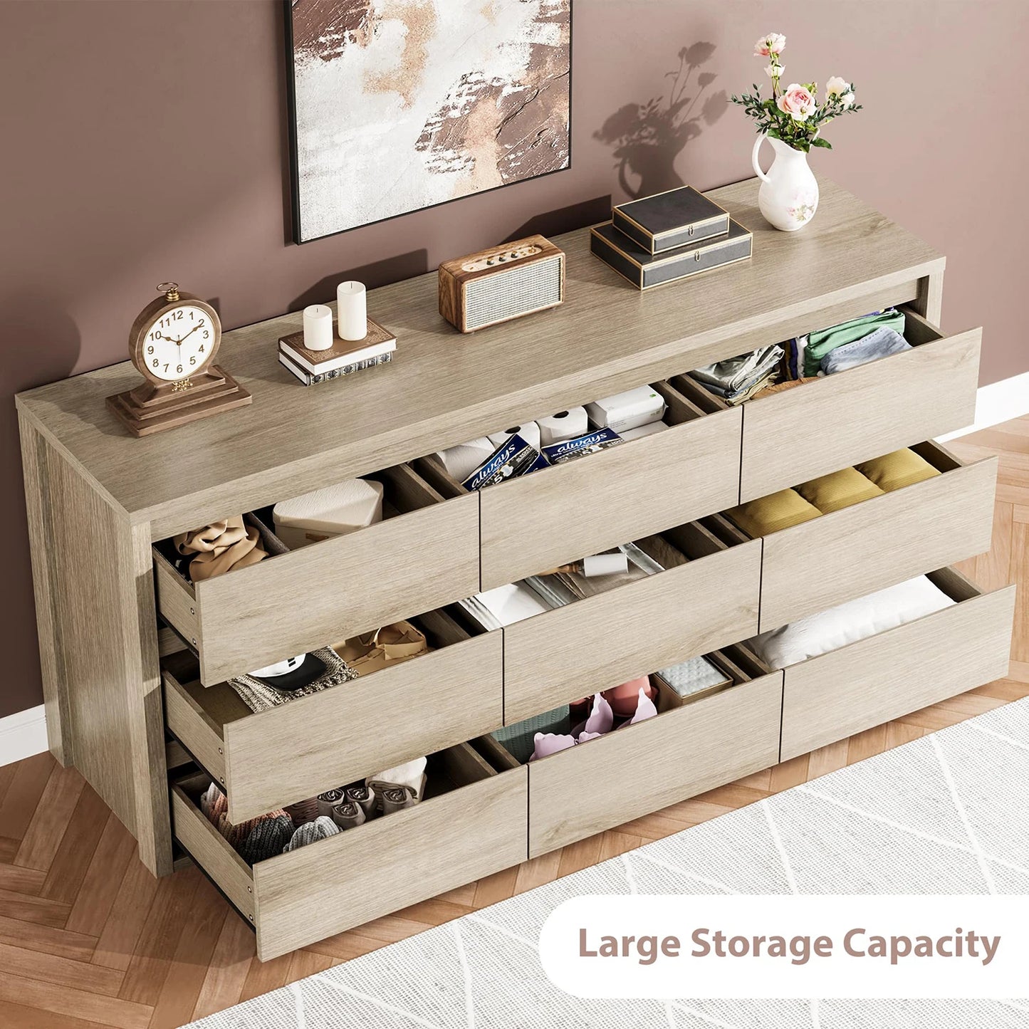 9 Drawer Dresser For Bedroom, Modern Handleless Wood Chest Of Drawers, Large Storage Cabinet For Living Room, Hallway and Entryway