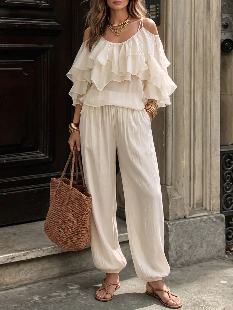 Women Casual Off Shoulder Ruffle Top And Elastic Jogger Pants