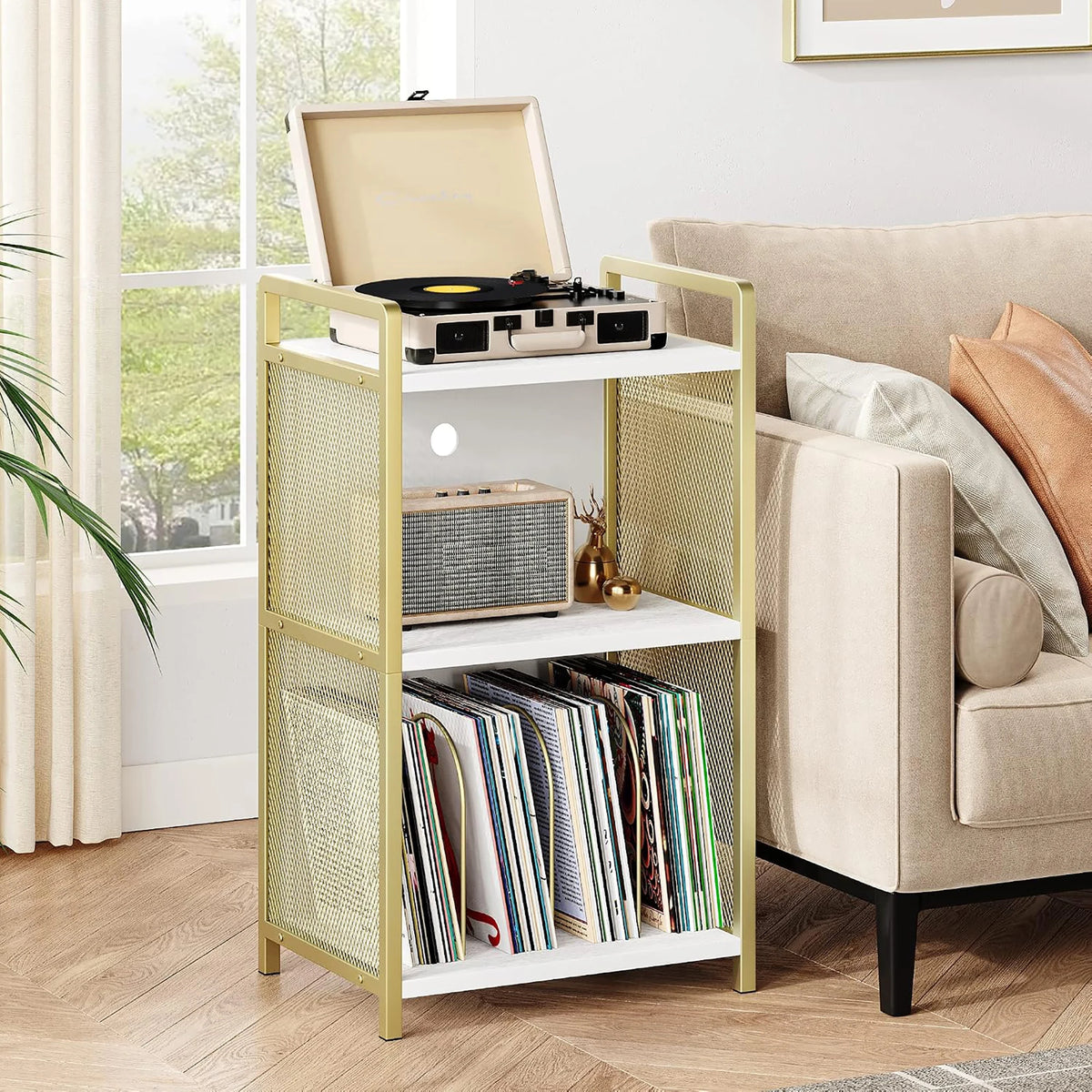 Modern 3-Tier Coffee Table With Storage Shelf, Narrow MDF Side Table With Gold Metal Detail For Living Room, Bedroom, Office, Entryway