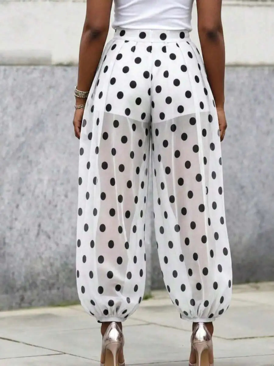 XTOCEAN Summer Women Black White Polka Dot Sheer Mesh Cuffed Ankle Pants Built-In Lined Loose Vacation Street Casual Trousers