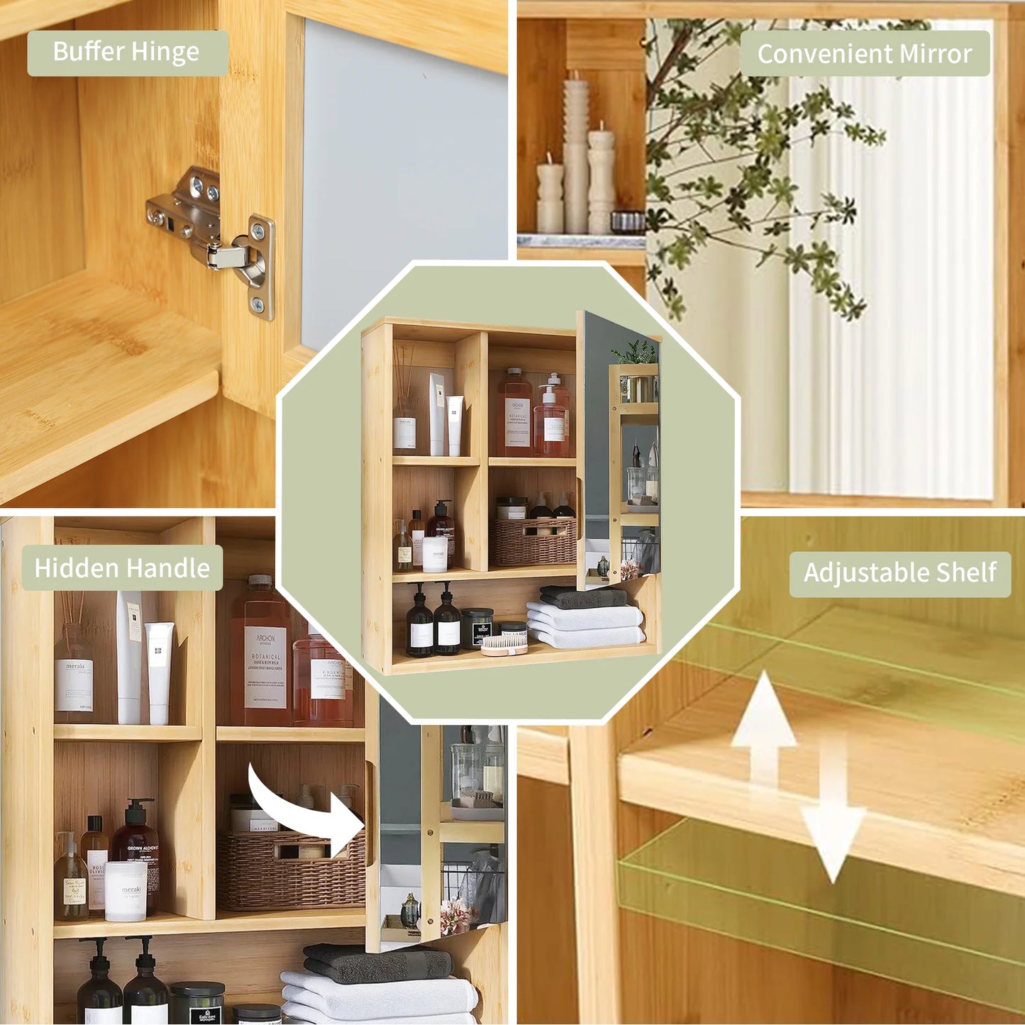 Bathroom Cabinet with Mirror Wall Bamboo Medicine Storage Shelves