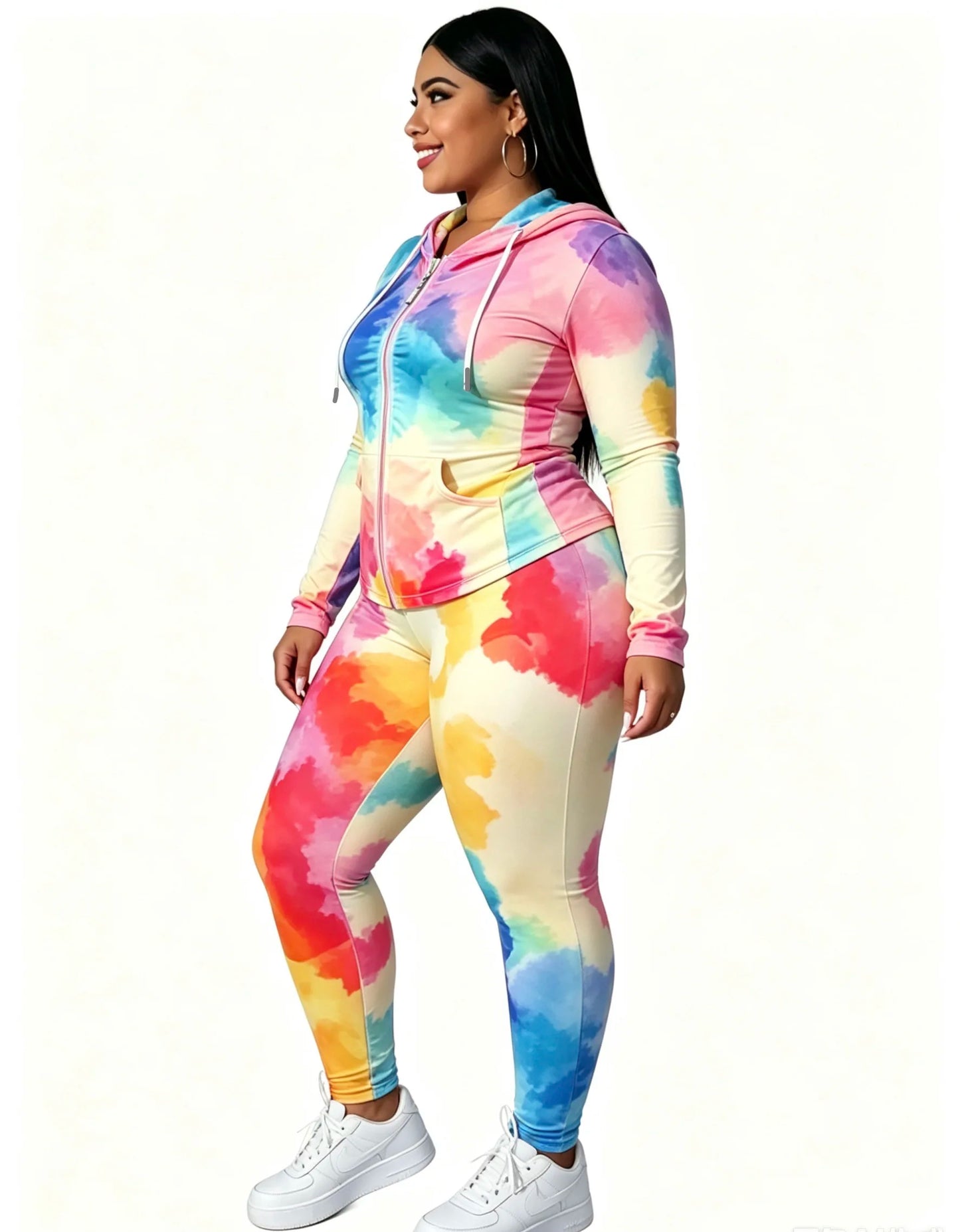 Zip-Up Hoodie And Skinny Pants Two-Piece Set With Tie-Dye Pattern