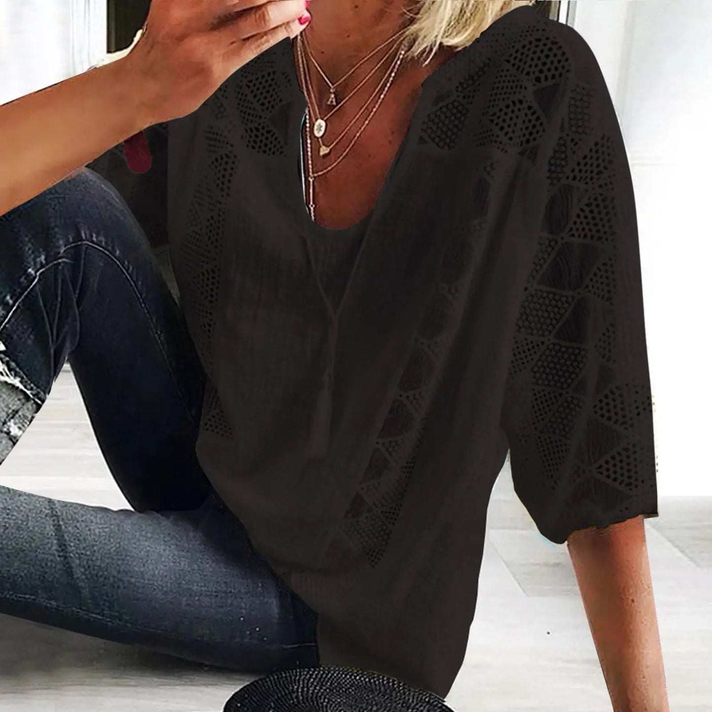 Women's Summer Cotton Shirt, Solid Color Casual Hollow U-Neck 3/4 Sleeve Lace Shirt, Women's Solid Color Lace Stitched Short-Sleeve T-Shirt, Loose Shirt, Women's Top, Short-Sleeve Loose Fit