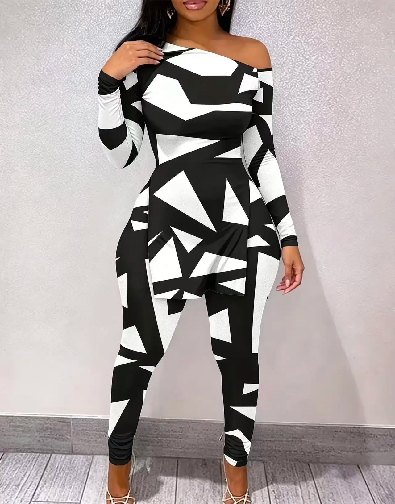 Women One Shoulder Geometric Print Polyester Two Piece Outfit Set