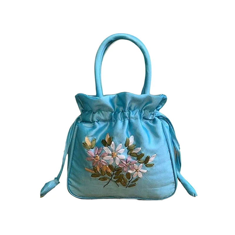 National Style Embroidered Flower Bucket Bag With Drawstring