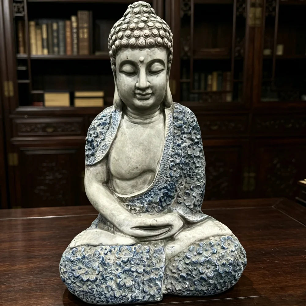 Weatherproof Resin Meditating Buddha Statue With Floral Details Outdoor