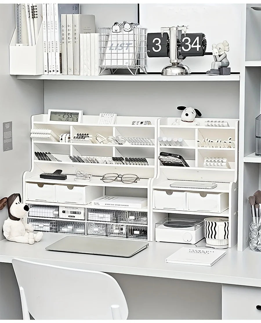 Two Tier Desk Organizer With Drawer And Tilt Pen Holder