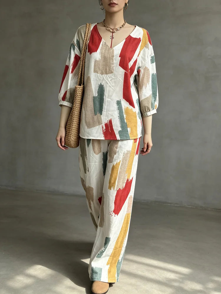 Women's Ethnic Print V Neck Suit With Wide Leg Pants
