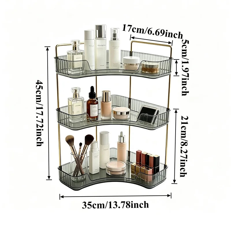 Corner Bathroom Countertop Organizer Three Bathroom Storage Rack | Countertop Storage with Hooks Perfume Organizer Cosmetics and Skincare Storage Rack - Gray-Green Tone