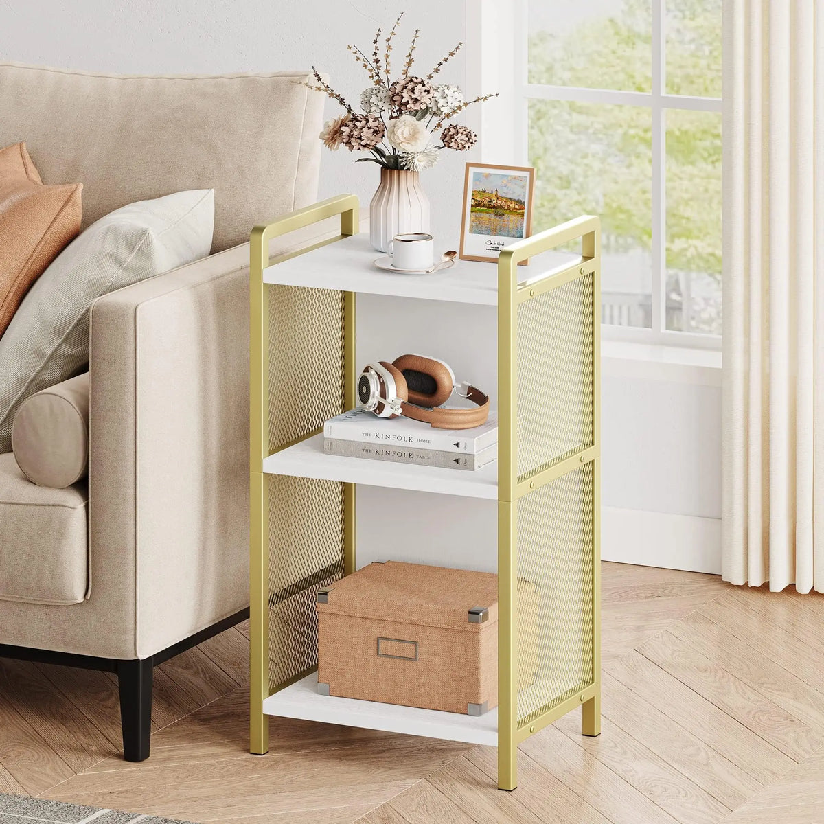 Modern 3-Tier Coffee Table With Storage Shelf, Narrow MDF Side Table With Gold Metal Detail For Living Room, Bedroom, Office, Entryway
