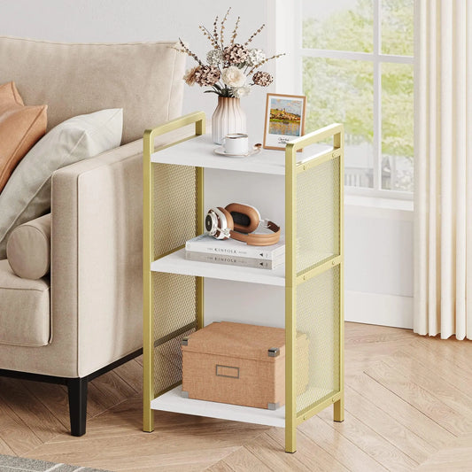 Modern 3-Tier Coffee Table With Storage Shelf, Narrow MDF Side Table With Gold Metal Detail For Living Room, Bedroom, Office, Entryway