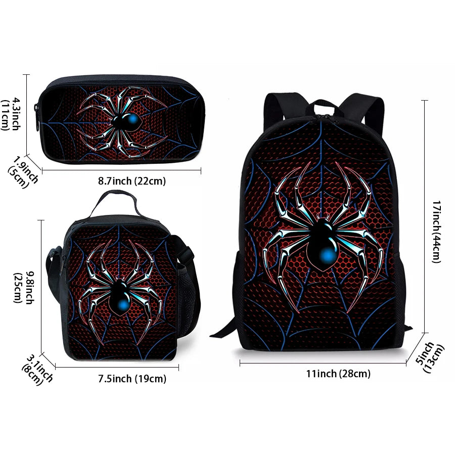 Spider Pattern Kids Backpack Set 3D Cartoon School Bags Unisex