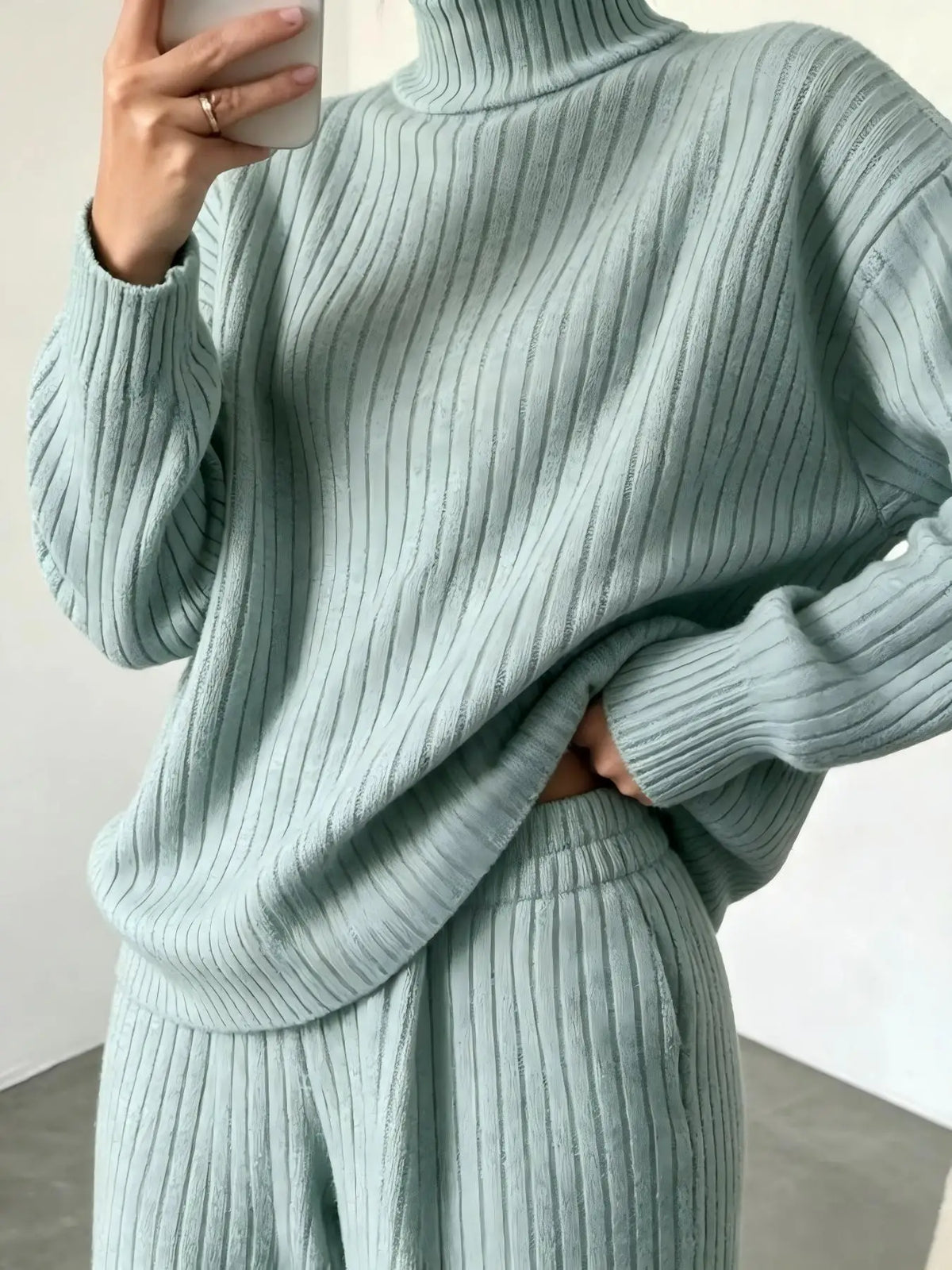 Womens Ribbed Turtleneck Sweater and Wide Leg Pants Set