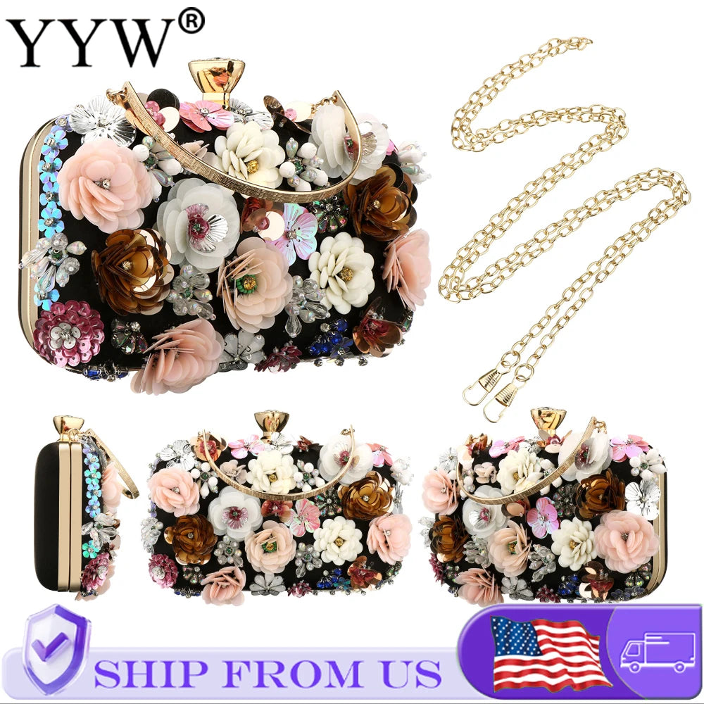 Luxury Women's Evening Clutch Bag With Flower Beading And Chain Handle