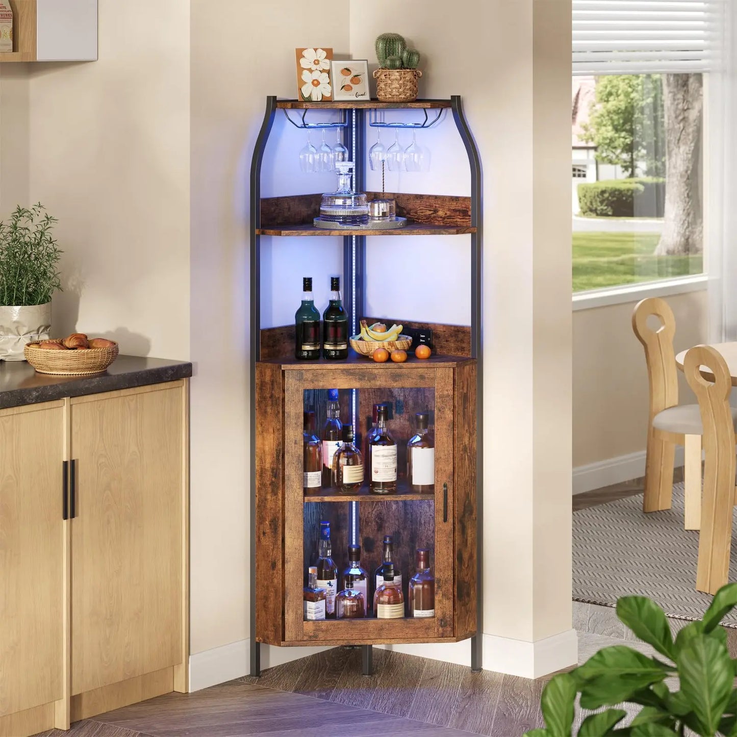 Corner Bar Cabinet With Power Outlet And LED Lights, 5 Tier Industrial Wine Rack, Glass Holder Liquor Storage Display For Small Spaces