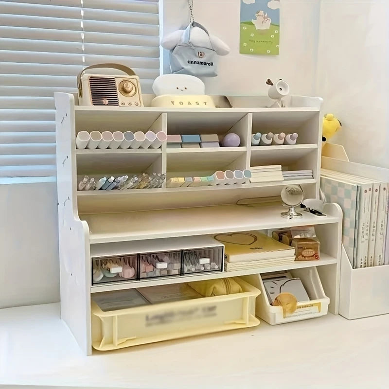 Two Tier Desk Organizer With Drawer And Tilt Pen Holder