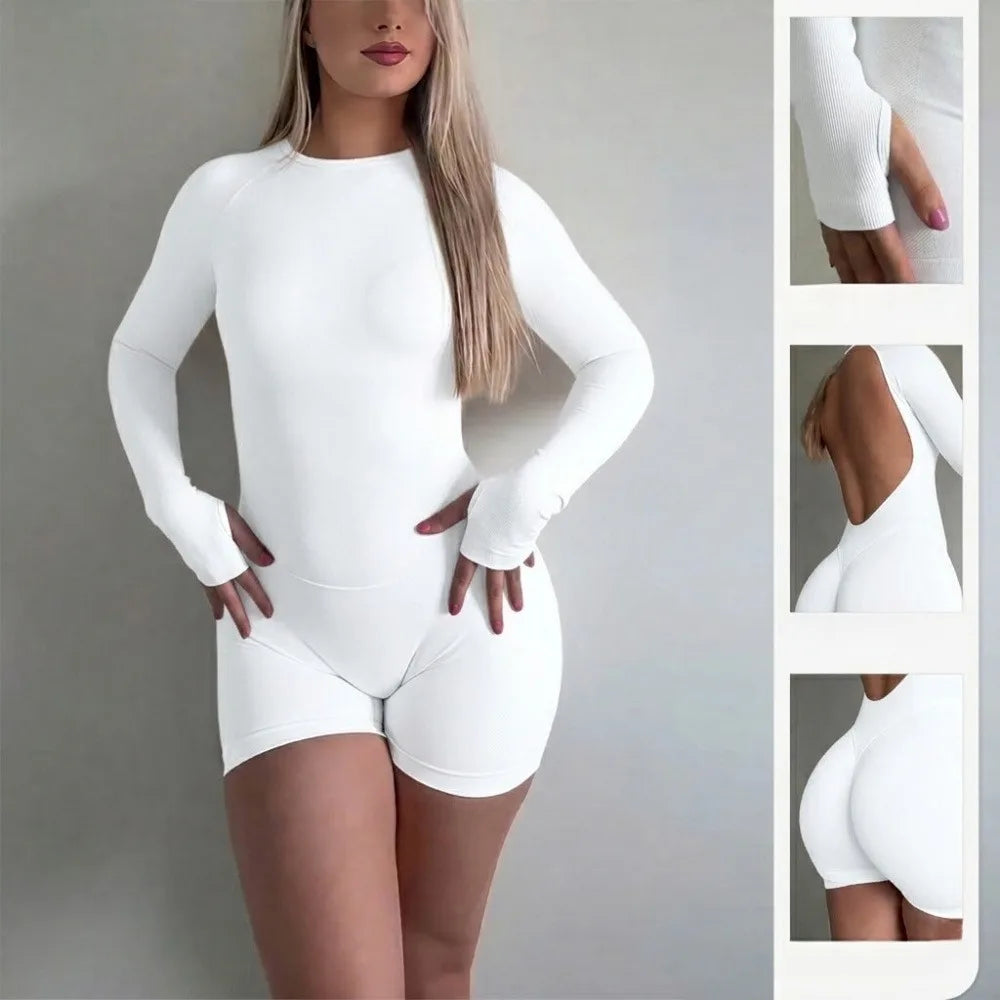 Women Open Back Seamless Knit Yoga Jumpsuit Nylon Quick Dry