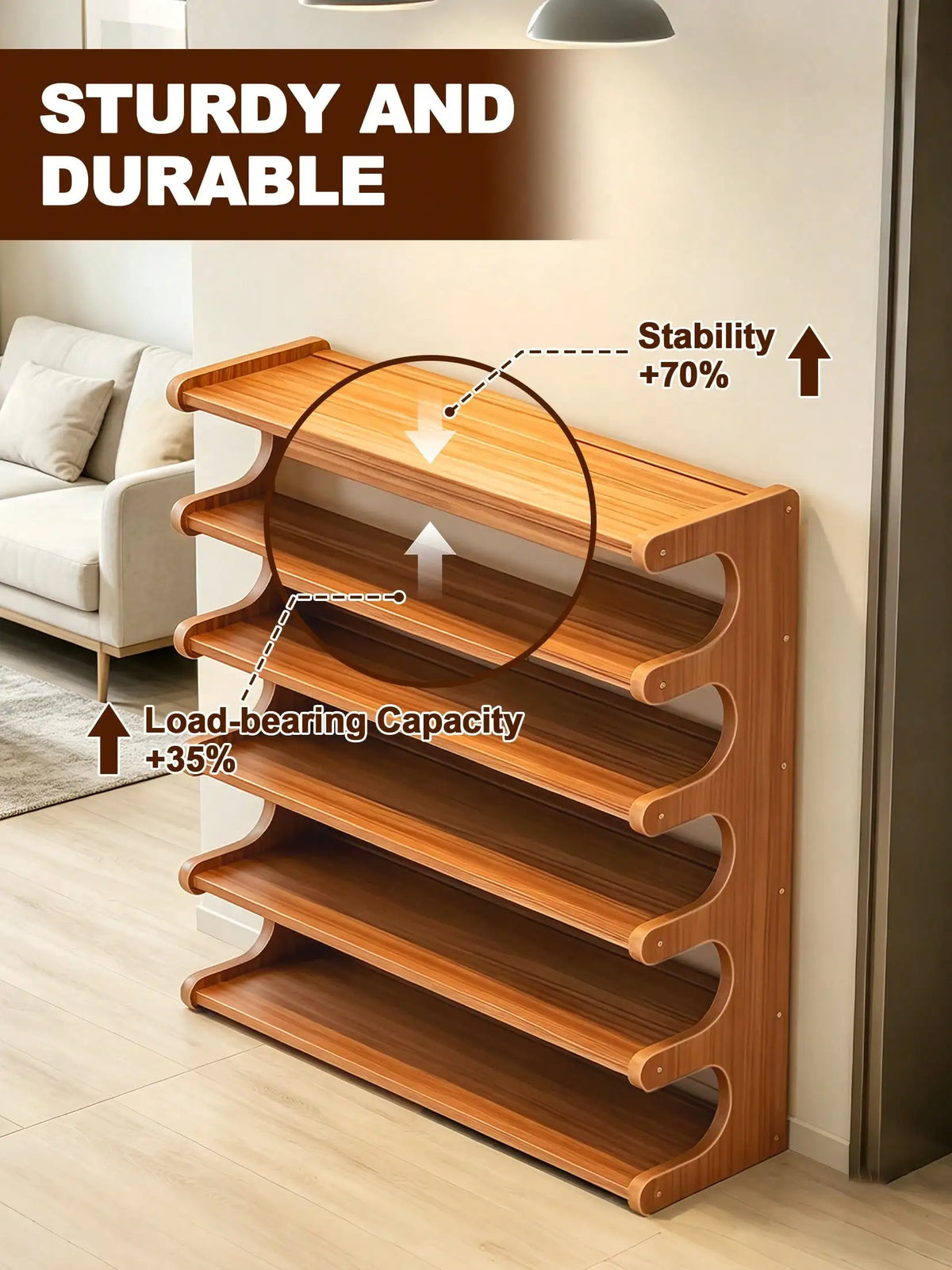 6-Tier Bamboo Shoe Rack for Closet, Freestanding Shoe Organizer Shelf with Elegant Arc Design, Space Saving Entryway Storage Rack, Natural Brown