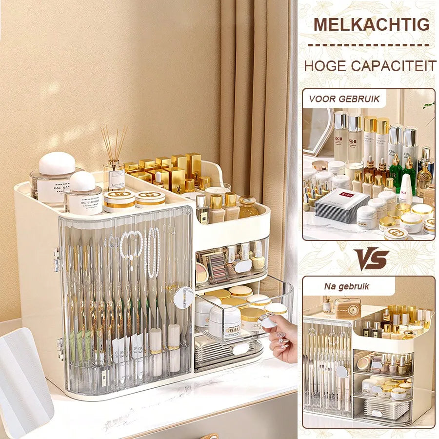 Makeup Organizer with Mirror & Drawers, Large Capacity Cosmetic Storage Box, Semi-Open Vanity Case for Skincare, Bathroom Dressing Table, Office Desk