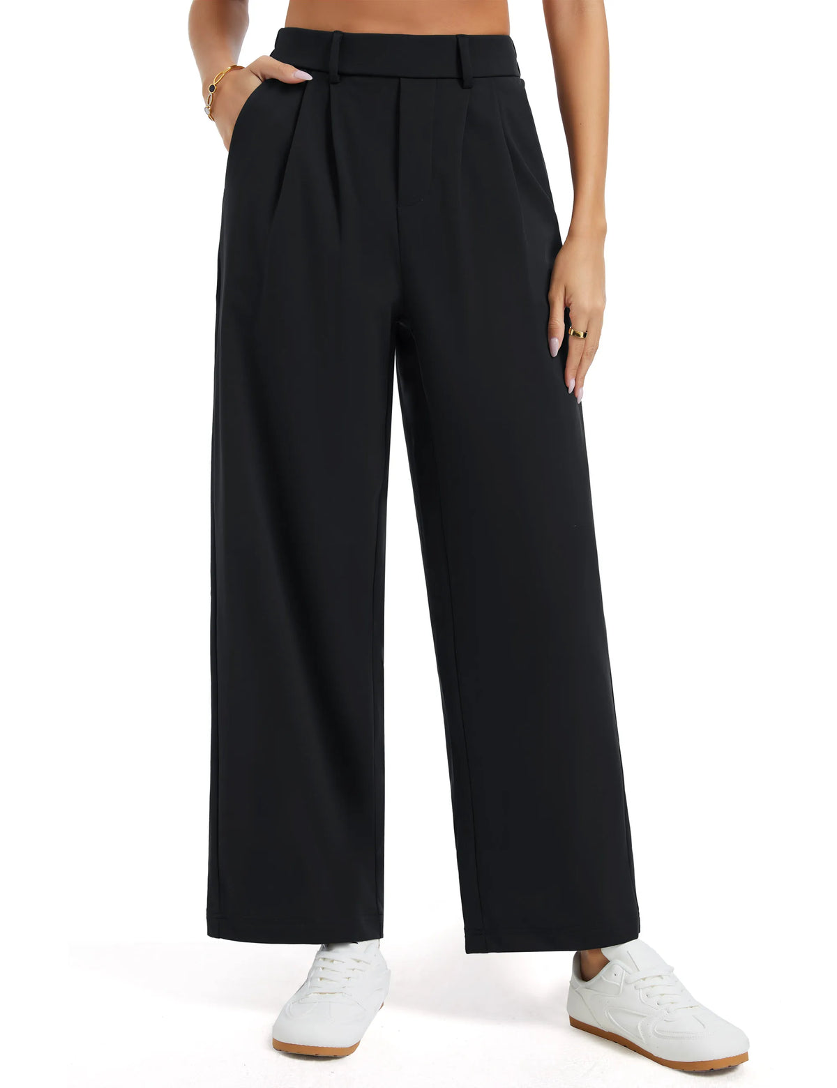 THE GYM PEOPLE Women's Wide Leg Dress Pants Pull On Elastic Waist Straight Leg Stretchy Business Slacks Trousers with Pockets