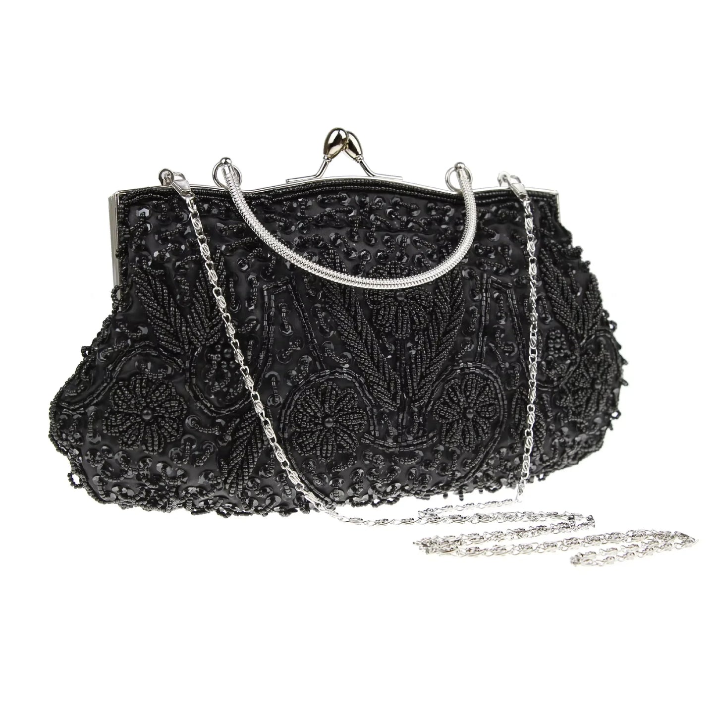Womens Beaded Embroidered Clutch Bag With Shoulder Chain Party Purse