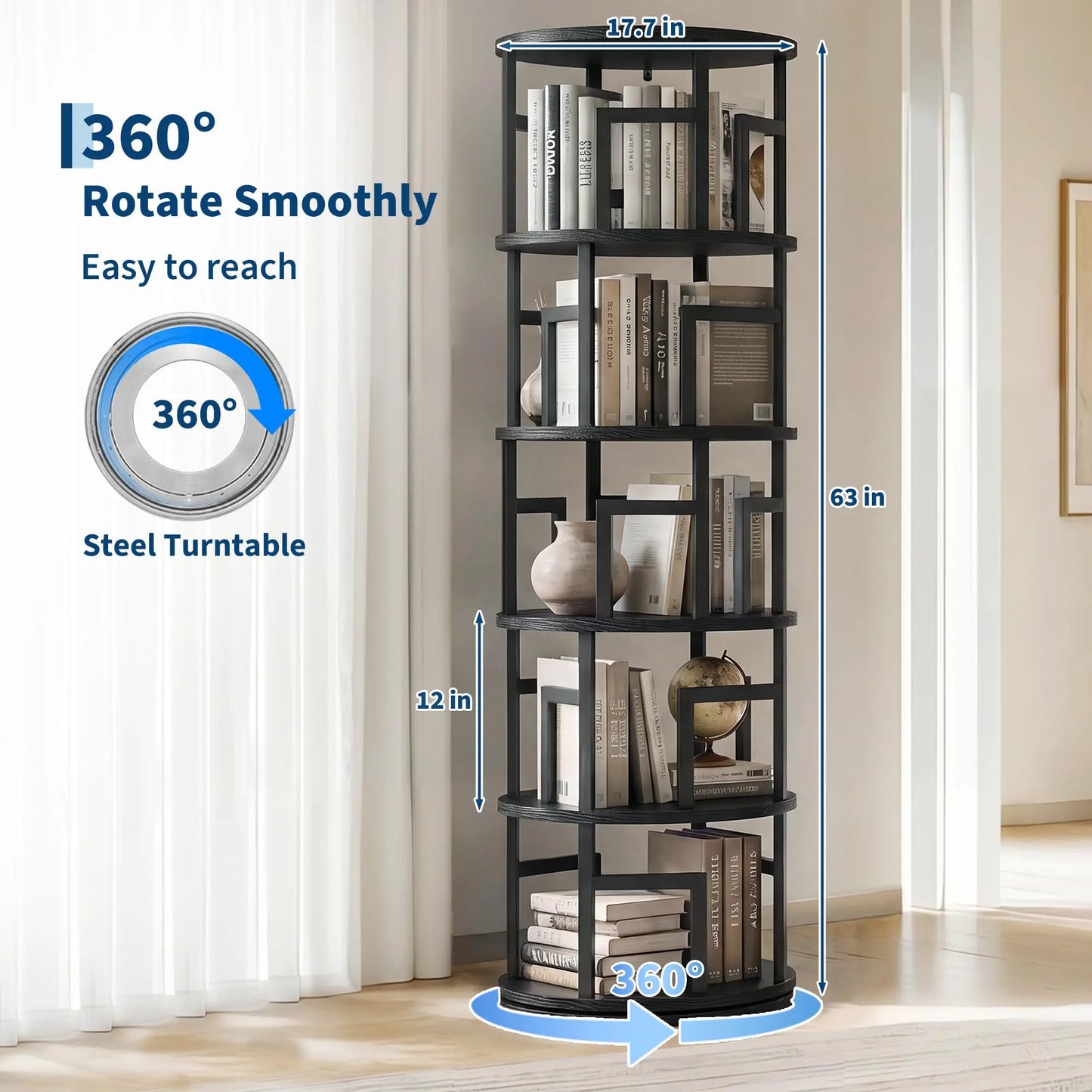 5-Tier Rotating Bookshelf Tower, 360° Spinning Corner Bookcase Holds 100+ Books, 63in Narrow Floor Storage Shelf For Home Office