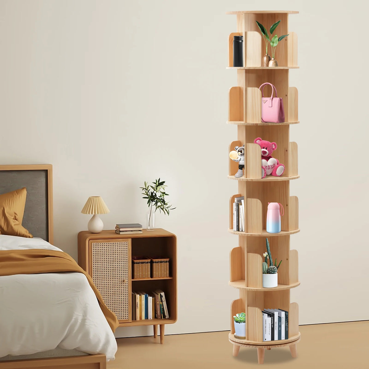 Multi-Functional Revolving Bookshelf Organizer Rotating Bookshelf 360 Display Floor Standing Bookcase Storage Rack