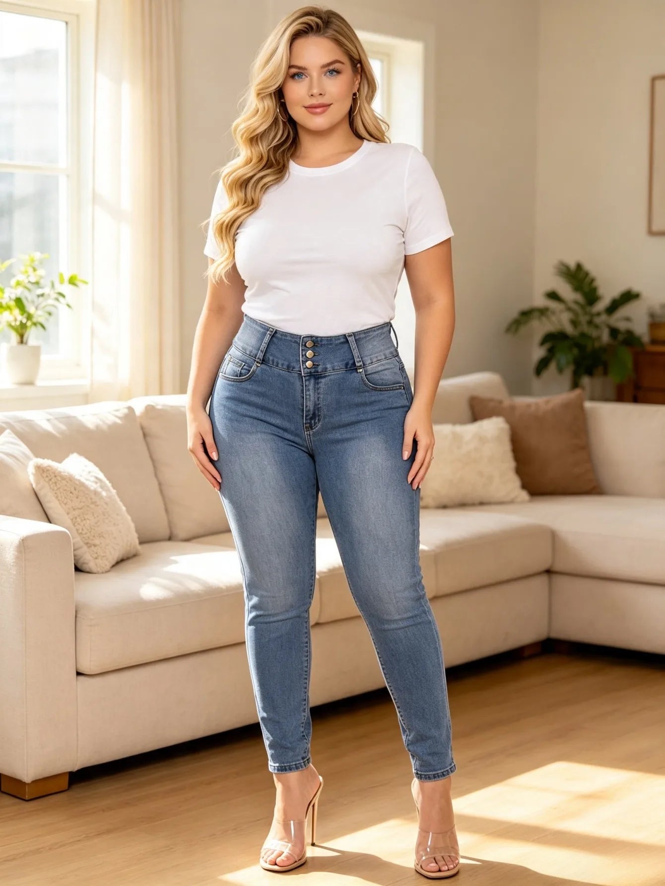 【HME】Jeans | High‑Rise Skinny Denim Pants, Ladies 3‑Button Waist Stretch Denim Jeans, Decorative Rhinestone Embroidery On Back Pockets, Figure‑flattering Pants, Light Blue Washed Denim For Casual Occasions