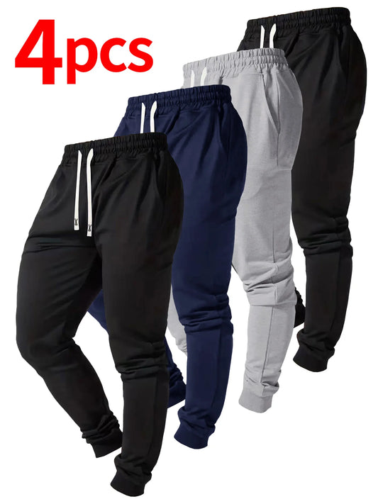 4-Piece Casual Pants For Men, Solid Color Sports Pants, Slightly Elastic Ankle Pants, Suitable For Jogging, Fitness, Outdoor Sports, Etc