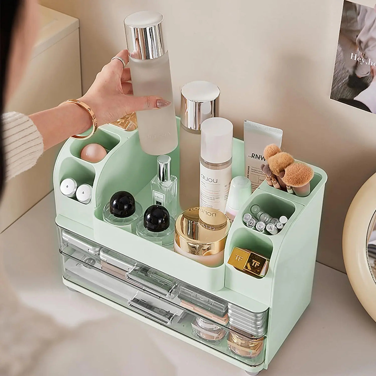 Makeup Organizer with Drawers for Vanity,Bathroom Countertop Organizer with Brushes Holder,Skincare Storage Organizer for Lipsticks,Nail Polishes, Perfumes,Eyeshadow Palettes (Green)