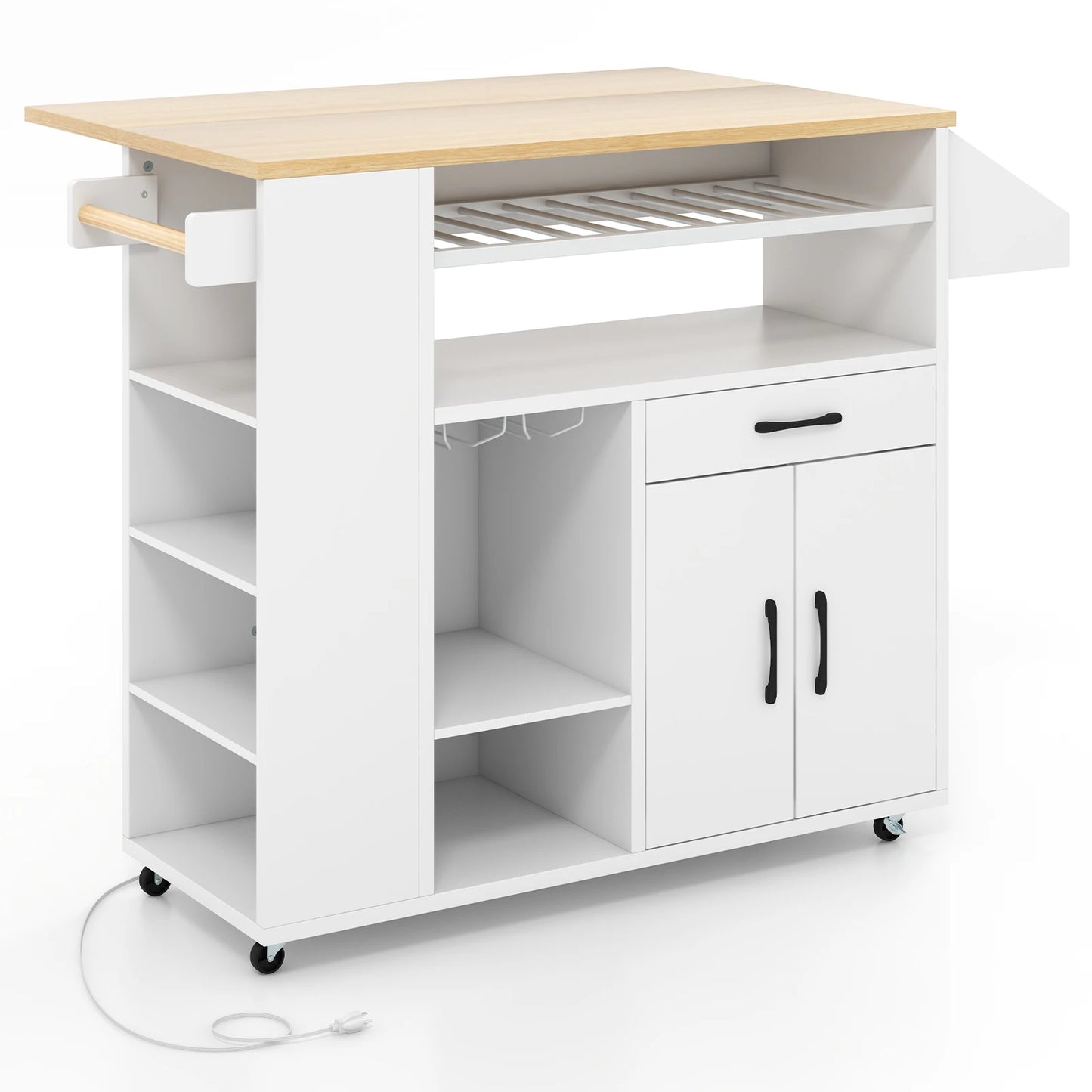 Drop-Leaf Kitchen Island Cart w/ Power Outlet Wine Rack Glass Holder Drawer