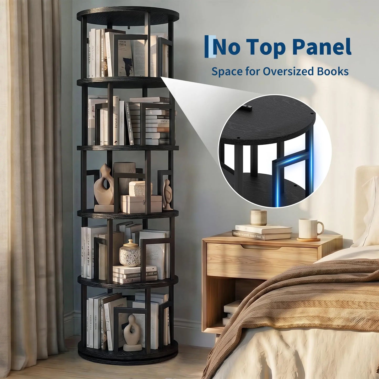 5-Tier Rotating Bookshelf Tower, 360° Spinning Corner Bookcase Holds 100+ Books, 63in Narrow Floor Storage Shelf For Home Office
