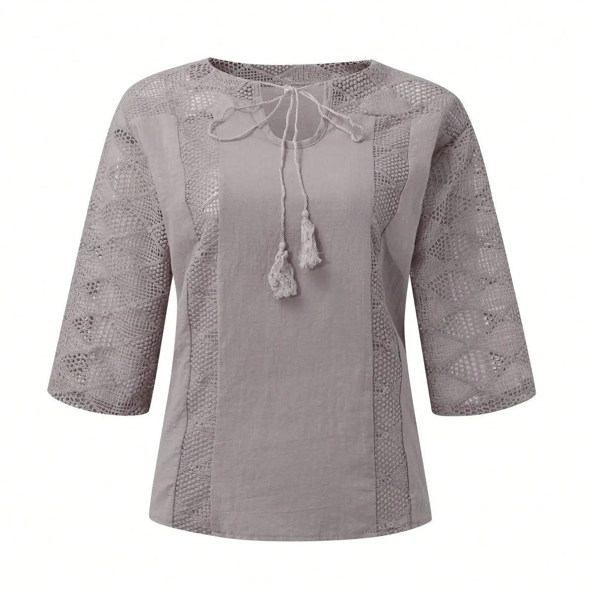 Women's Summer Cotton Shirt, Solid Color Casual Hollow U-Neck 3/4 Sleeve Lace Shirt, Women's Solid Color Lace Stitched Short-Sleeve T-Shirt, Loose Shirt, Women's Top, Short-Sleeve Loose Fit
