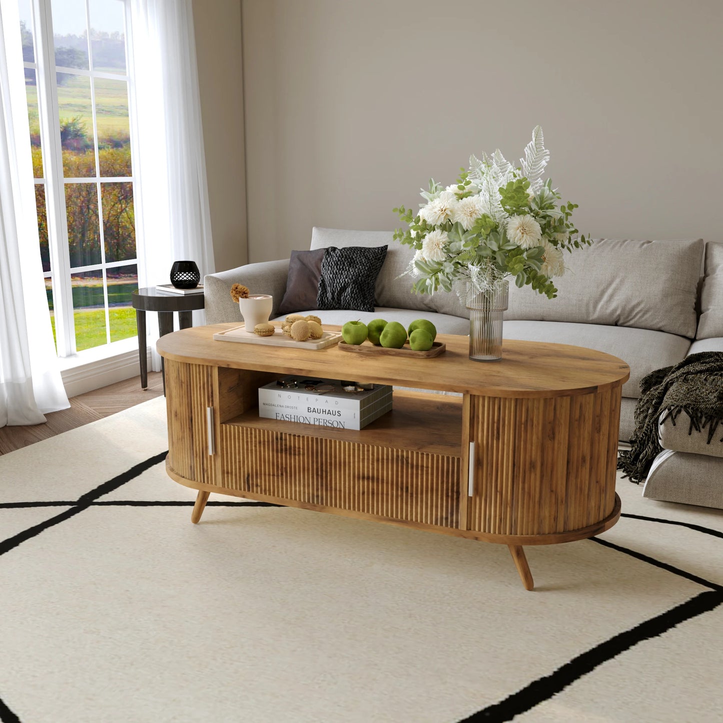 45 Inch Oval Coffee Table With Storage, Mid Century Modern Center Table With Drawer And Sliding Doors, Nature Oak