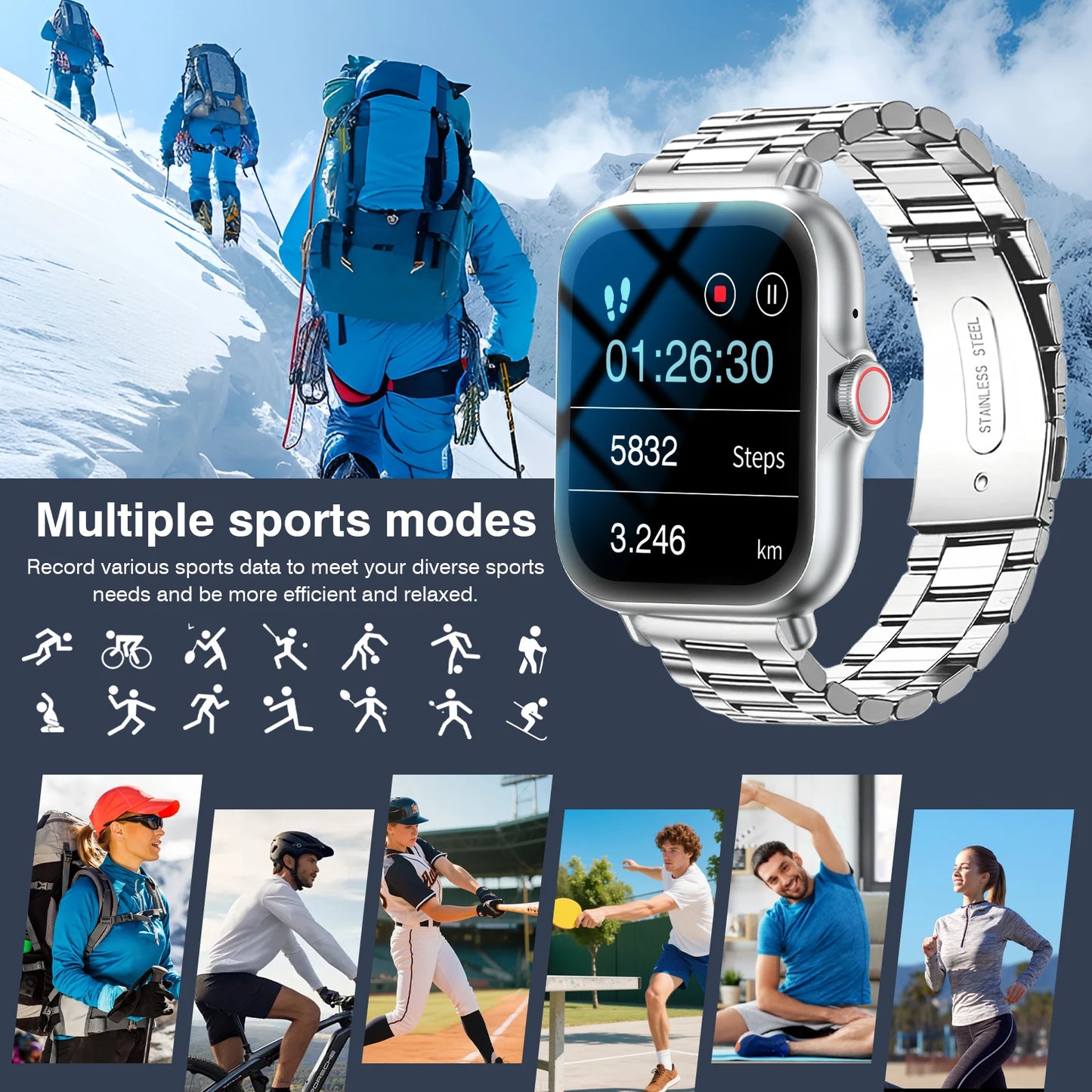 1.83" Full Screen Touch Screen Outdoor Sports Smart Watch for Men/Women,Wireless Calling/receiving, Multiple Sports Modes,Message Notifications,Suitable for Android & IPhone,  Ideal As A Gift