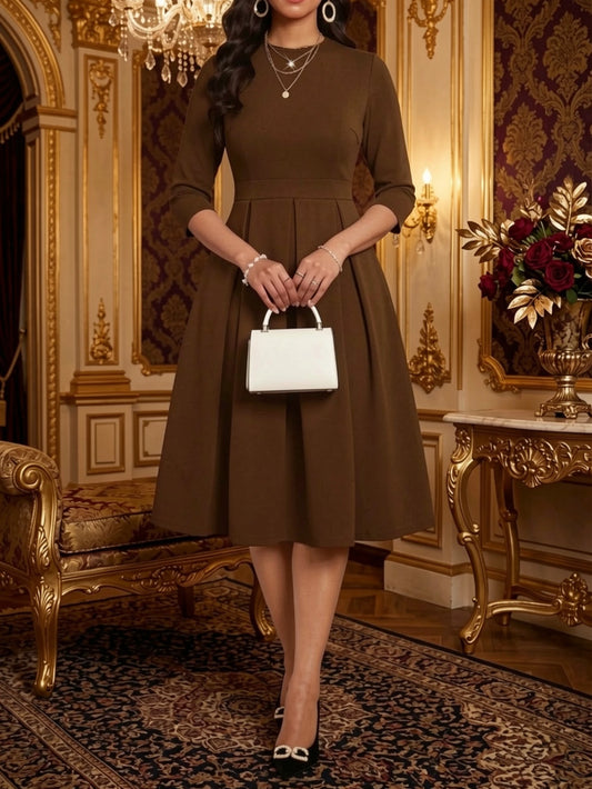 Women's Round Neck Three Quarter Sleeve Pleated Midi Dress For Business Daily Banquet Wedding Guest Formal Fashion Occasions