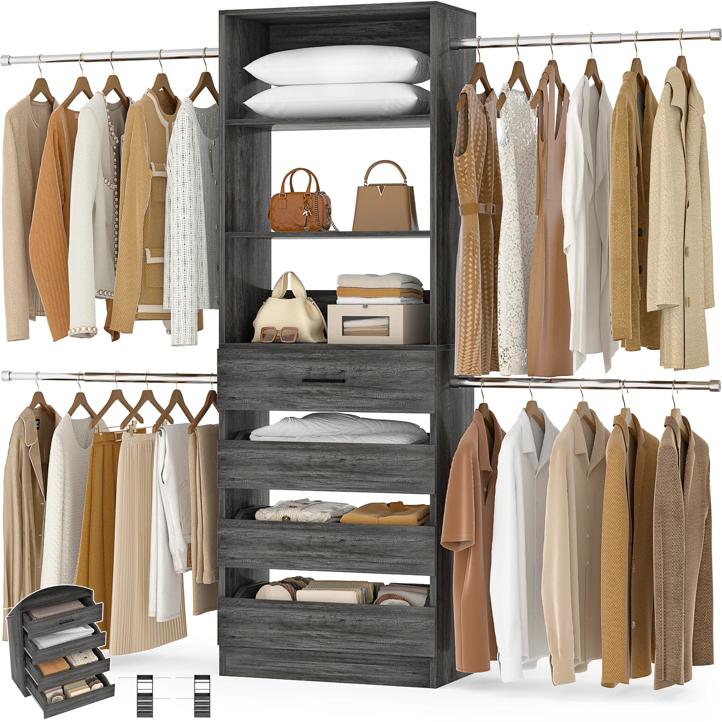 4-9Ft Closet System with 4 Wooden Drawers, Walk-in Closet Organizer Wardrobe Clothes Rack with 4 Hanging Rods, Garment Rack