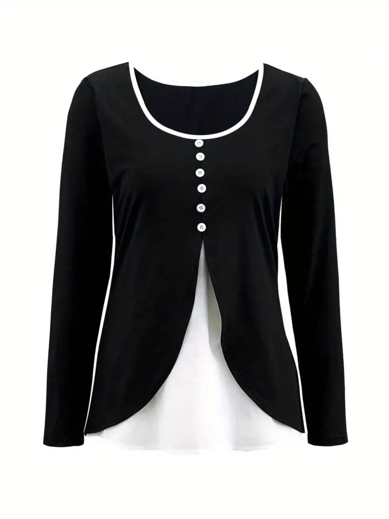 Color Block Fake Two Piece U Neck Button Detail Long Sleeve Tunic Top For Women Casual Daily Shirt